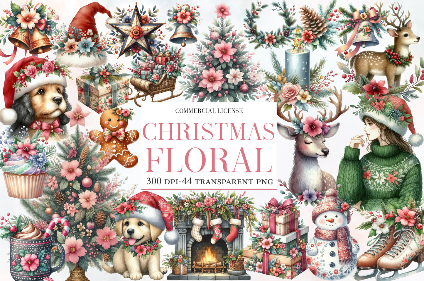 Christmas Floral Watercolor Clipart PNG Bundle | Floral Christmas Clipart | Holiday Sublimation