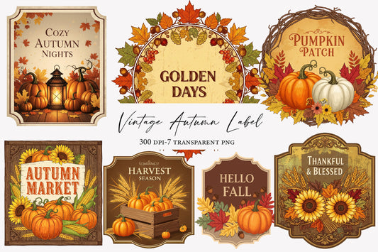 Vintage Autumn Label Watercolor Clipart PNG Bundle | Fall Pumpkin Labels | Harvest Thanksgiving Sublimation