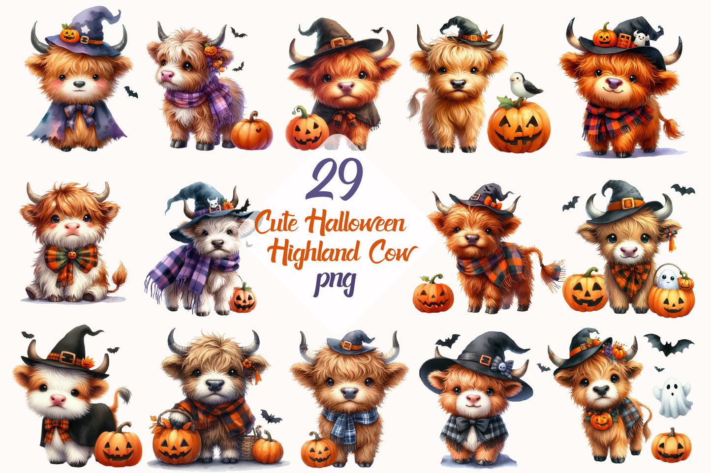 Cute Halloween Highland Cow PNG Bundle | Watercolor Highland Cow Halloween Clipart, Spooky Cow PNG