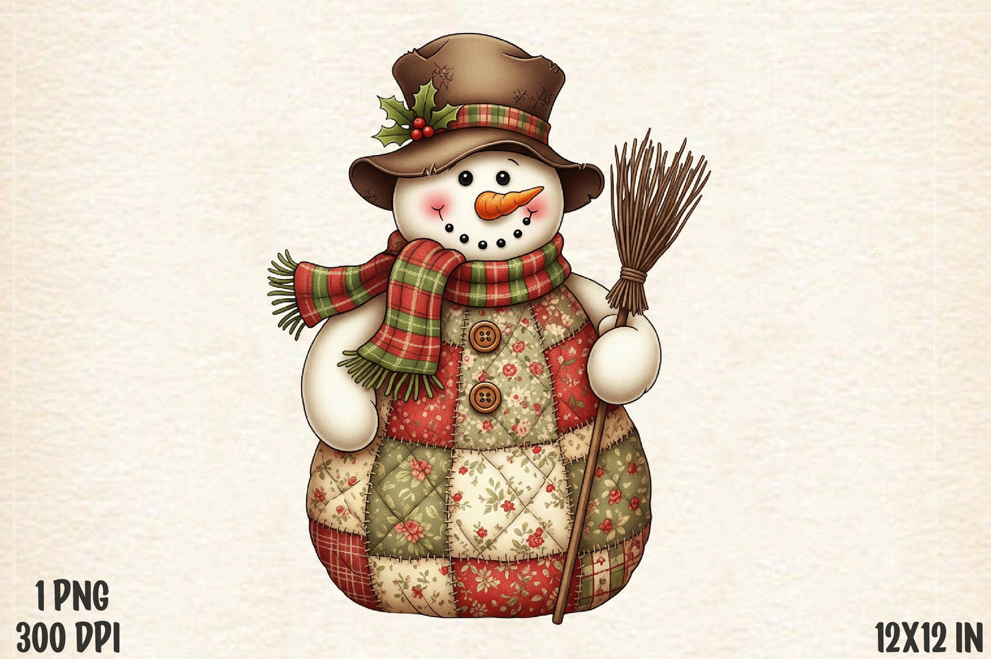 Vintage Patchwork Snowman Christmas Broom PNG