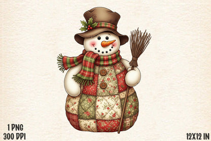 Vintage Patchwork Snowman Christmas Broom PNG
