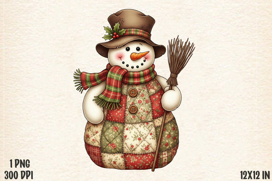 Vintage Patchwork Snowman Christmas Broom PNG