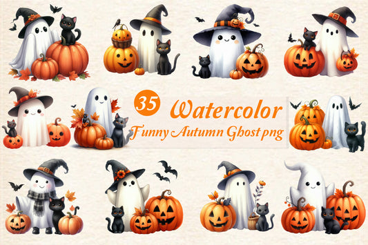 35 Watercolor Funny Autumn Ghost PNG Halloween Ghost Pumpkin Cat Clipart