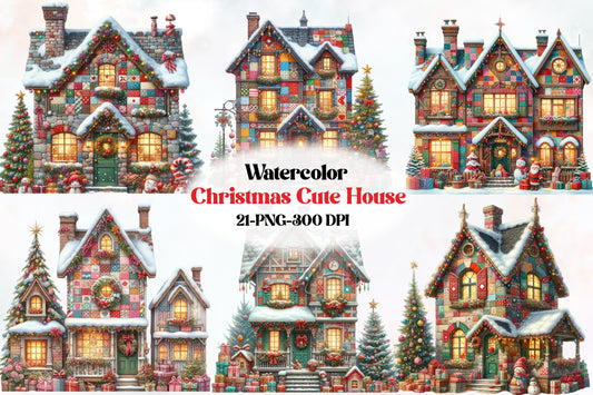 21 Christmas Cute House PNG Clipart Bundle Watercolor Holiday Cottage