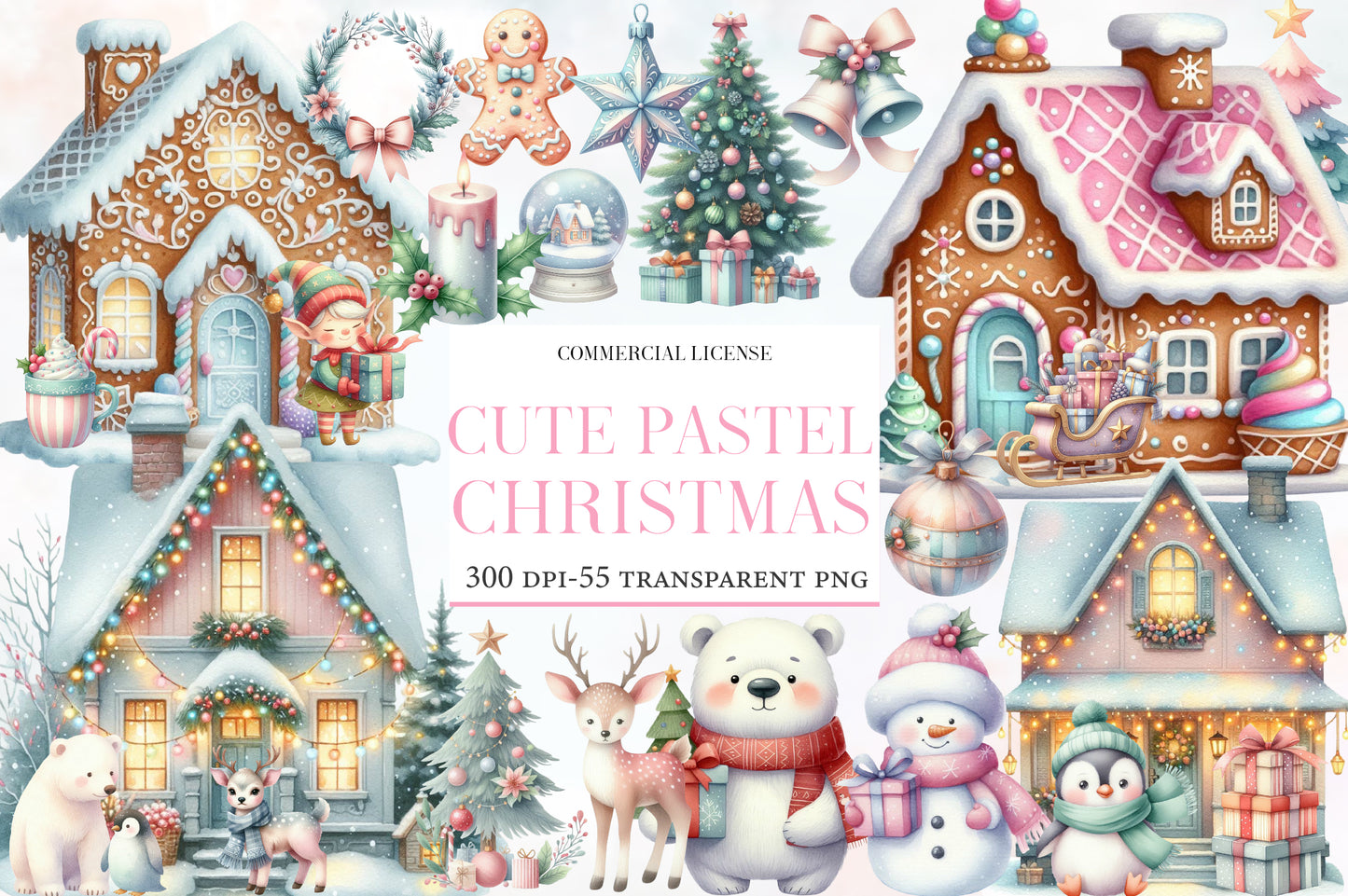 Cute Pastel Christmas Watercolor Clipart PNG Bundle | Sweet Gingerbread Christmas Clipart | Pastel Holiday Sublimation PNG
