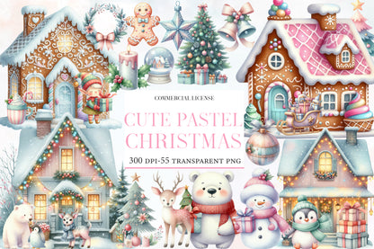 Cute Pastel Christmas Watercolor Clipart PNG Bundle | Sweet Gingerbread Christmas Clipart | Pastel Holiday Sublimation PNG