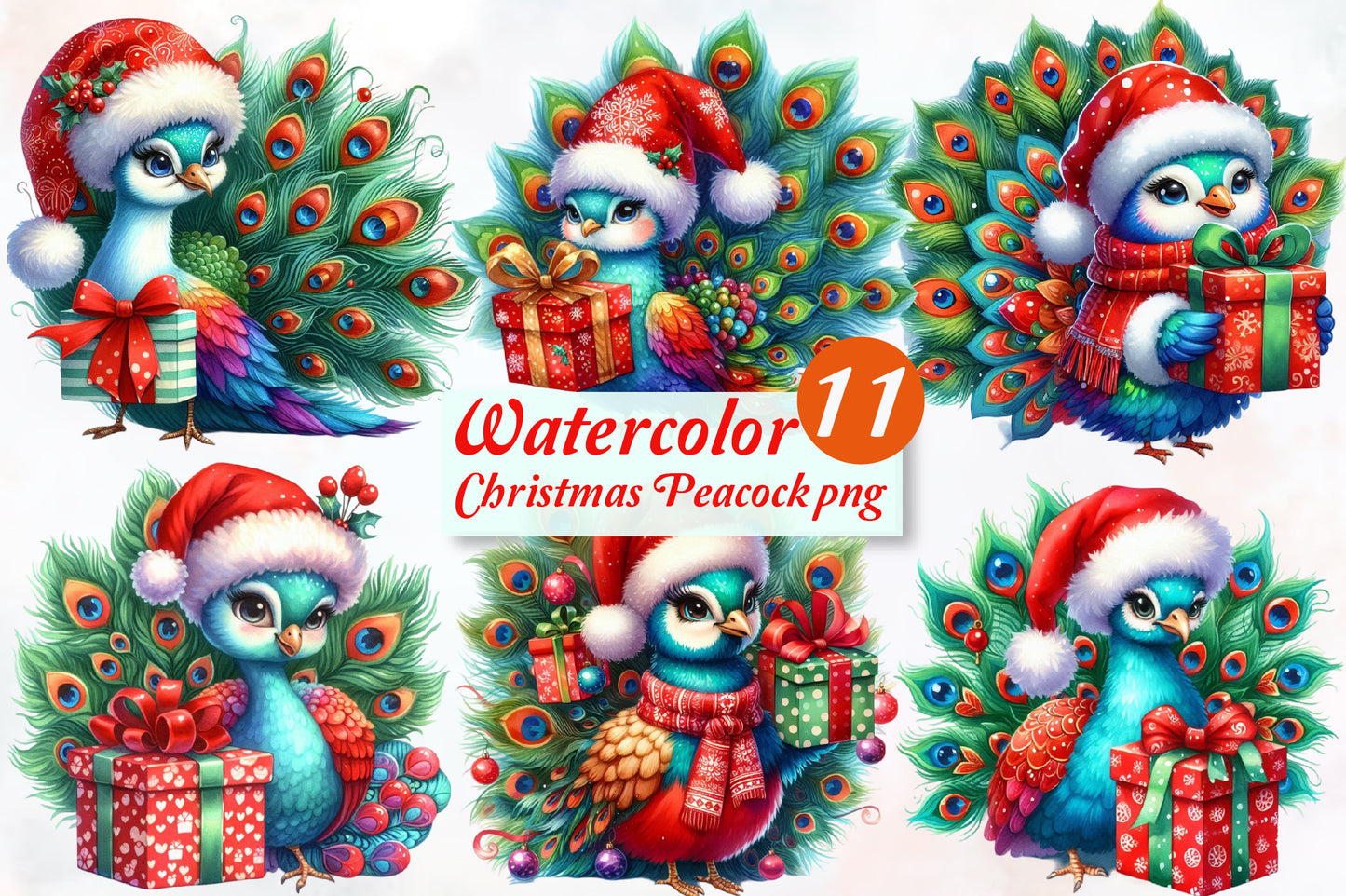 Watercolor Christmas Peacock PNG Bundle 11 Festive Peacock Clipart