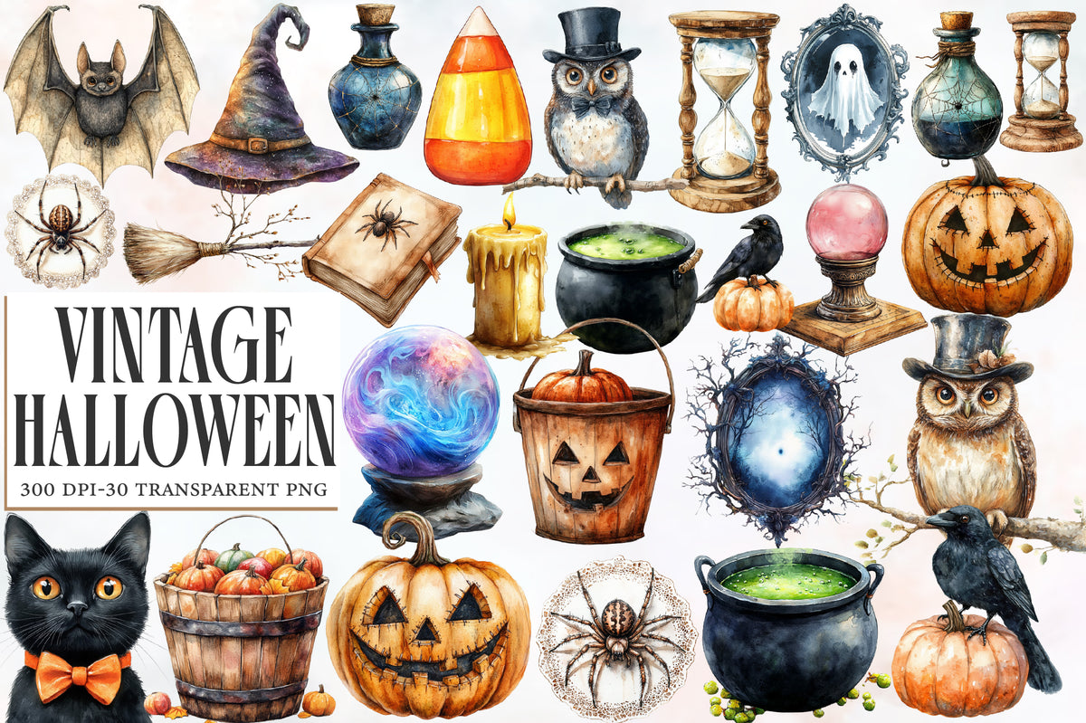 Vintage Halloween Clipart PNG Bundle | Retro Pumpkin, Witch, Ghost, Black Cat, Bat & Haunted House | Spooky Sublimation