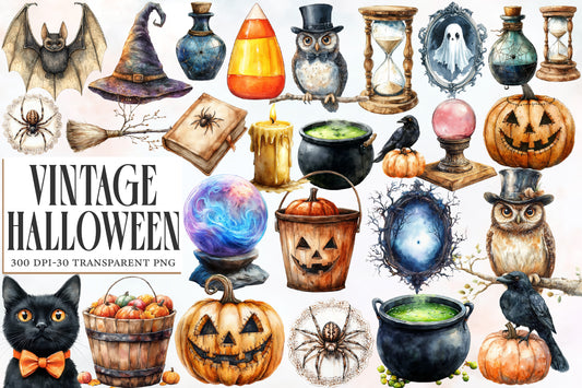 Vintage Halloween Clipart PNG Bundle | Retro Pumpkin, Witch, Ghost, Black Cat, Bat & Haunted House | Spooky Sublimation