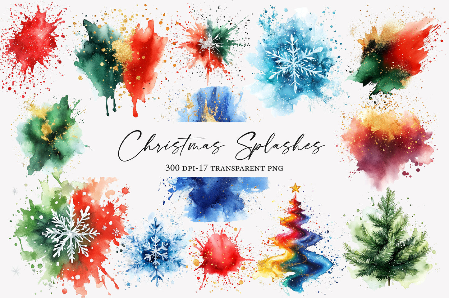 Christmas Watercolor Splashes Bundle PNG | Christmas Paint Splash Clipart | Festive Watercolor Holiday Backgrounds