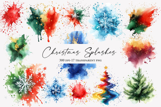 Christmas Watercolor Splashes Bundle PNG | Christmas Paint Splash Clipart | Festive Watercolor Holiday Backgrounds