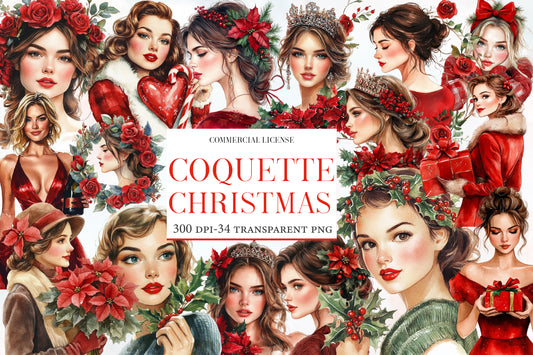 Coquette Christmas Clipart PNG Bundle | Christmas Girls, Red Roses, Poinsettias, Holly, Bows, Gifts & Glam Holiday Women