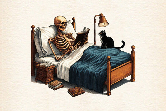 Halloween Skeleton Reading PNG Funny Skeleton with Black Cat Clipart