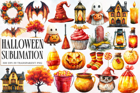 Watercolor Halloween Sublimation Clipart PNG Bundle | Spooky Pumpkin, Ghost, Witch, Bat & Cat Designs PNG