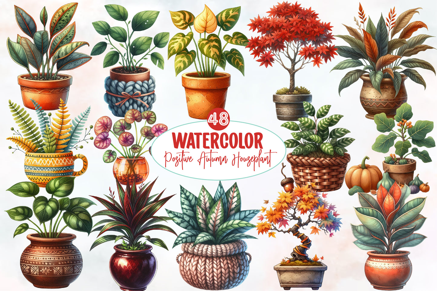 Autumn Houseplant Watercolor Clipart PNG Bundle | Fall Plant Clipart | Botanical Houseplant Sublimation PNG