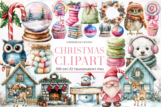 Christmas Watercolor Clipart PNG Bundle | Vintage Christmas Watercolor Clipart | Festive Holiday Sublimation PNG