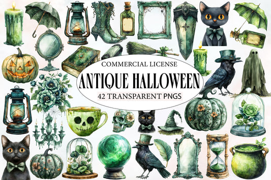 Antique Green Halloween Clipart PNG Bundle | Vintage Watercolor Green Halloween Clipart | Spooky Botanical Halloween PNG