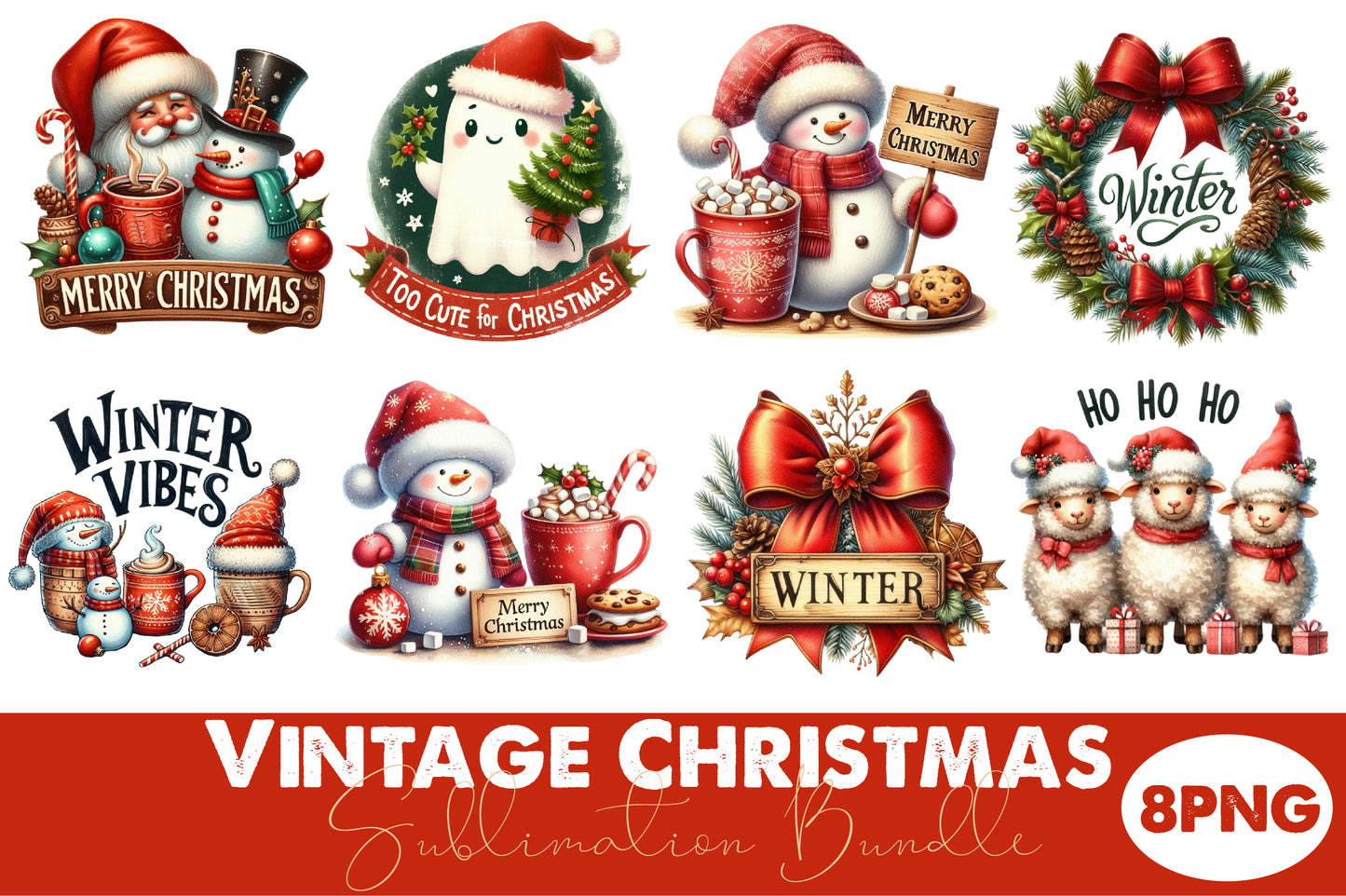 Vintage Christmas Sublimation PNG Bundle Winter Holiday Clipart