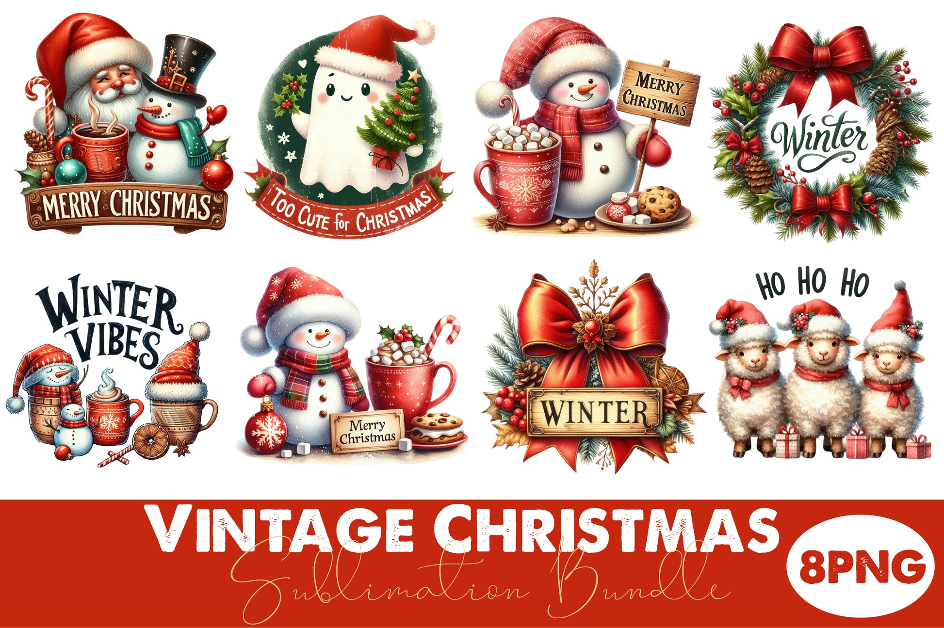 Vintage Christmas Sublimation PNG Bundle Winter Holiday Clipart