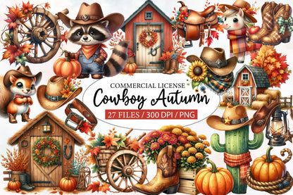 Cowboy Autumn Watercolor Clipart PNG Bundle | Western Fall Clipart | Autumn Sublimation