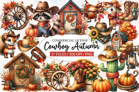 Cowboy Autumn Watercolor Clipart PNG Bundle | Western Fall Clipart | Autumn Sublimation
