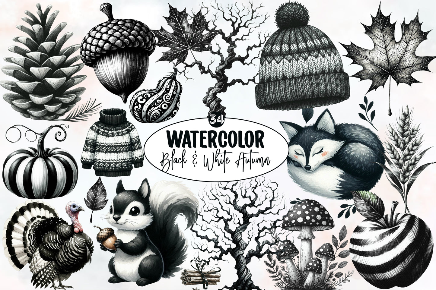 Watercolor Black and White Autumn Clipart Bundle Fall Monochrome PNG