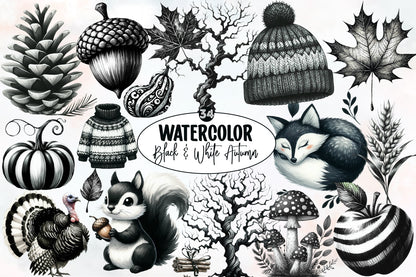 Watercolor Black and White Autumn Clipart Bundle Fall Monochrome PNG