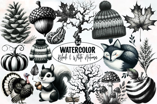 Watercolor Black and White Autumn Clipart Bundle Fall Monochrome PNG