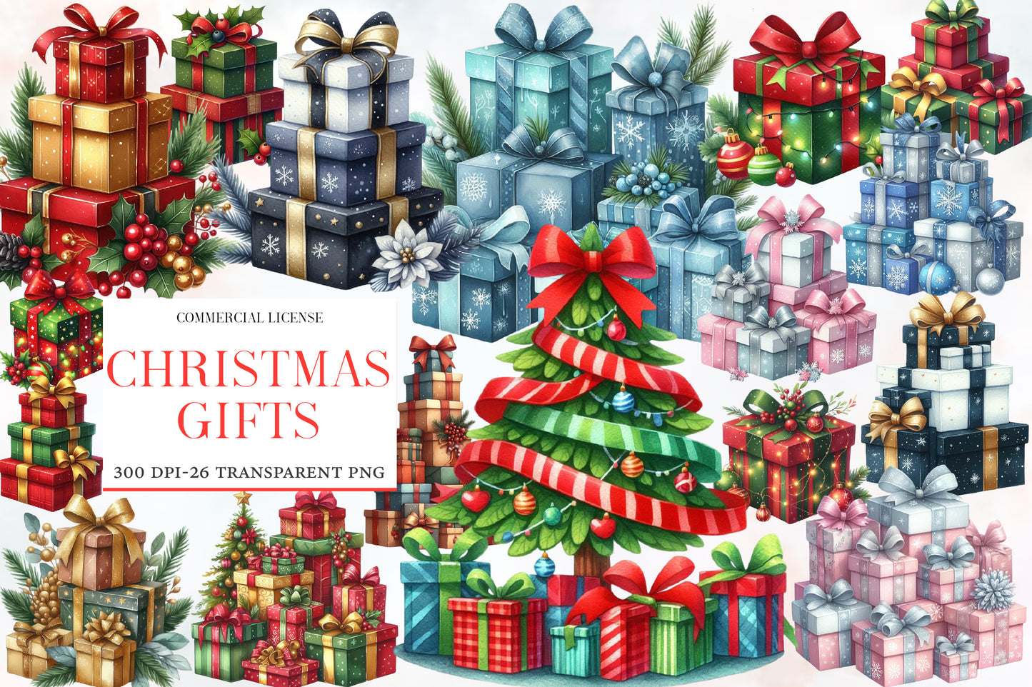 Christmas Gifts Clipart PNG Bundle | Watercolor Festive Christmas Present Clipart | Holiday Gift Sublimation PNG