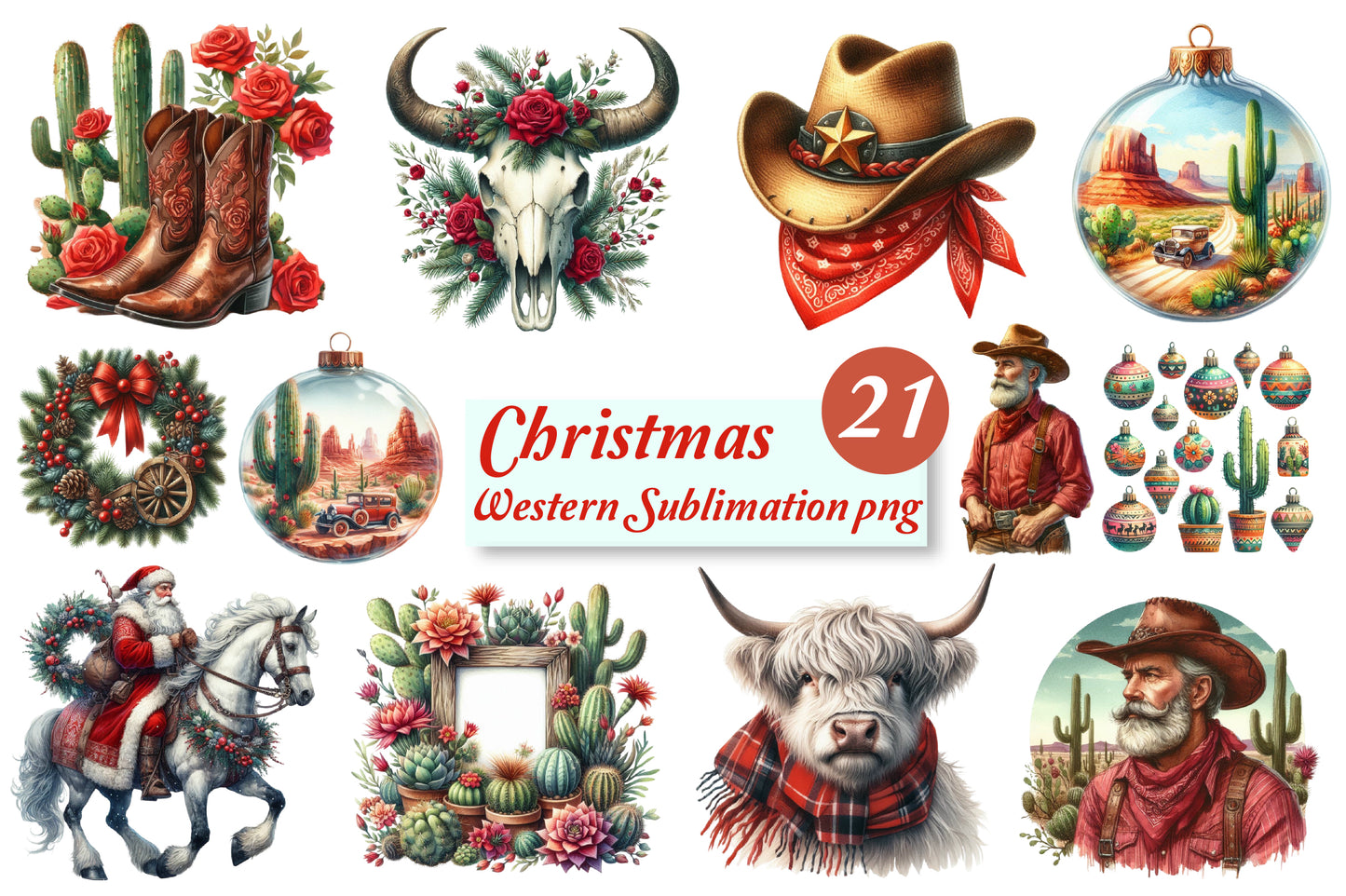 21 Christmas Western Sublimation PNG Clipart Bundle Cowboy Santa