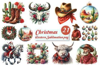 21 Christmas Western Sublimation PNG Clipart Bundle Cowboy Santa