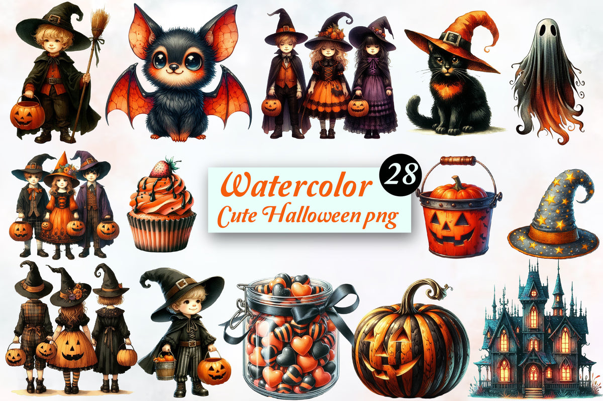 Cute Halloween PNG Bundle Watercolor Witch & Spooky Clipart