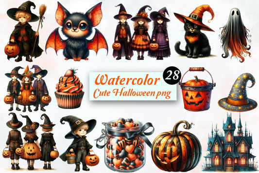 Cute Halloween PNG Bundle Watercolor Witch & Spooky Clipart