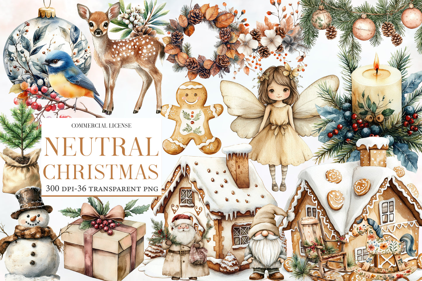 Neutral Christmas Clipart PNG Bundle | Rustic Neutral Christmas Watercolor Clipart | Cozy Winter Holiday Sublimation PNG