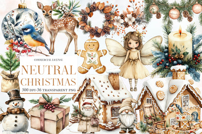 Neutral Christmas Clipart PNG Bundle | Rustic Neutral Christmas Watercolor Clipart | Cozy Winter Holiday Sublimation PNG