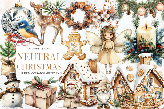 Neutral Christmas Clipart PNG Bundle | Rustic Neutral Christmas Watercolor Clipart | Cozy Winter Holiday Sublimation PNG