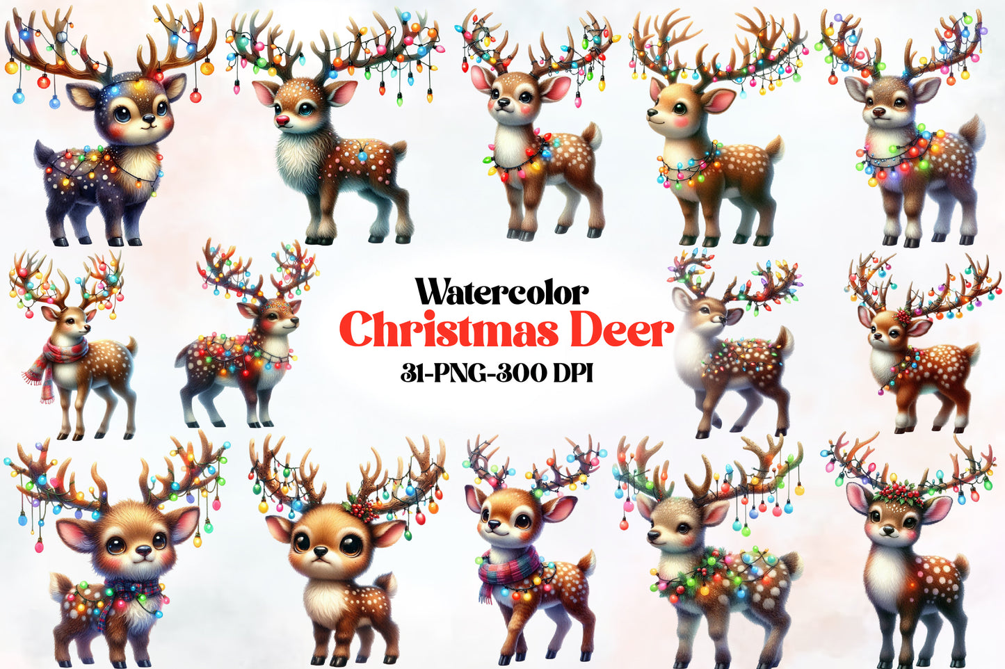 Watercolor Christmas Deer PNG Bundle 31 Festive Reindeer Clipart