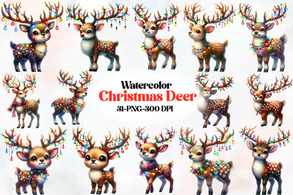 Watercolor Christmas Deer PNG Bundle 31 Festive Reindeer Clipart