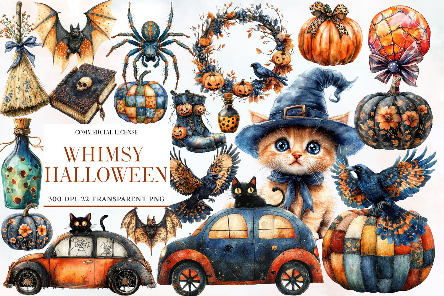 Whimsy Halloween Clipart PNG Bundle | Cute Witch, Ghost, Pumpkin, Cat, Bat & Haunted House | Spooky Watercolor PNG