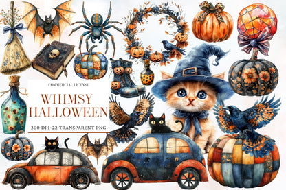 Whimsy Halloween Clipart PNG Bundle | Cute Witch, Ghost, Pumpkin, Cat, Bat & Haunted House | Spooky Watercolor PNG