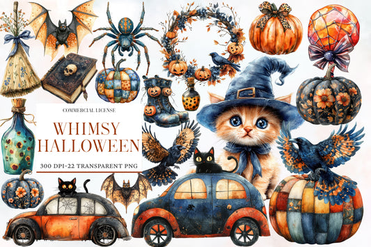 Whimsy Halloween Clipart PNG Bundle | Cute Witch, Ghost, Pumpkin, Cat, Bat & Haunted House | Spooky Watercolor PNG