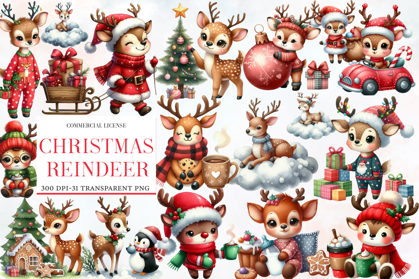Christmas Reindeer PNG Clipart Bundle | Watercolor Cute Christmas Reindeer Clipart | Festive Holiday Animal Sublimation PNG