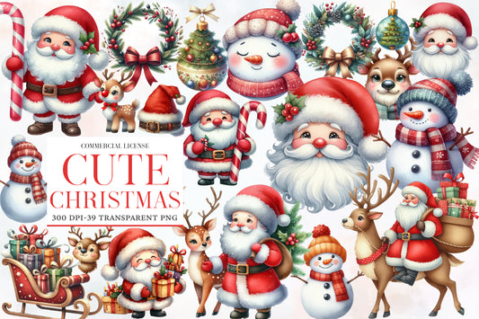 Cute Christmas Clipart PNG Bundle | Santa Claus, Snowman, Reindeer, Christmas Tree, Wreath, Gifts & Candy Cane Clipart