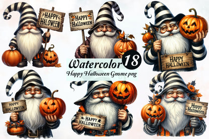 Watercolor Happy Halloween Gnome PNG Bundle 18 Cute Gnome Clipart