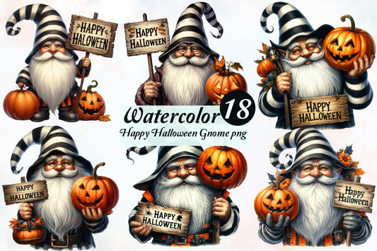 Watercolor Happy Halloween Gnome PNG Bundle 18 Cute Gnome Clipart
