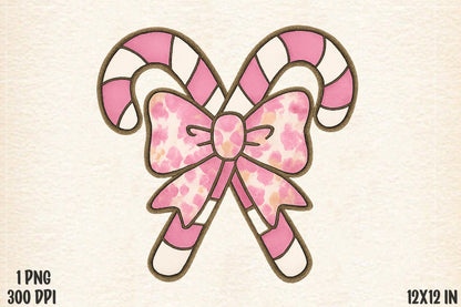 Pink Candy Cane Bow Christmas PNG Sublimation Design