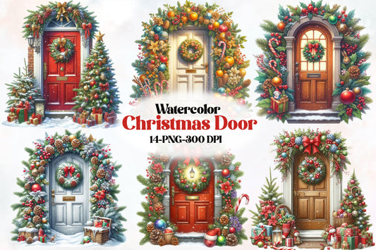 14 Christmas Door PNG Clipart Bundle Watercolor Festive Holiday Door Decor