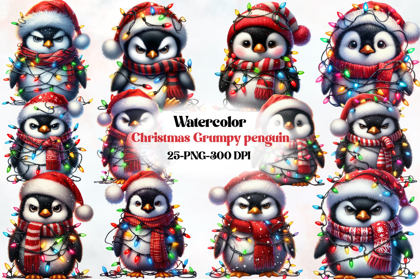 25 Christmas Grumpy Penguin PNG Watercolor Clipart Bundle Holiday