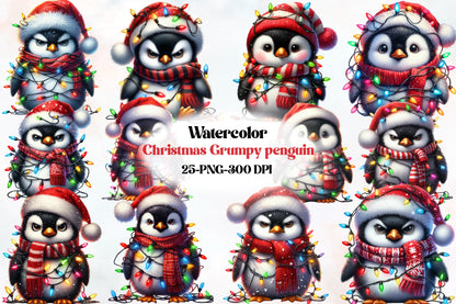 25 Christmas Grumpy Penguin PNG Watercolor Clipart Bundle Holiday