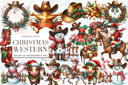 Christmas Western Clipart PNG Bundle | Rustic Cowboy Christmas Watercolor Clipart | Western Holiday Sublimation PNG